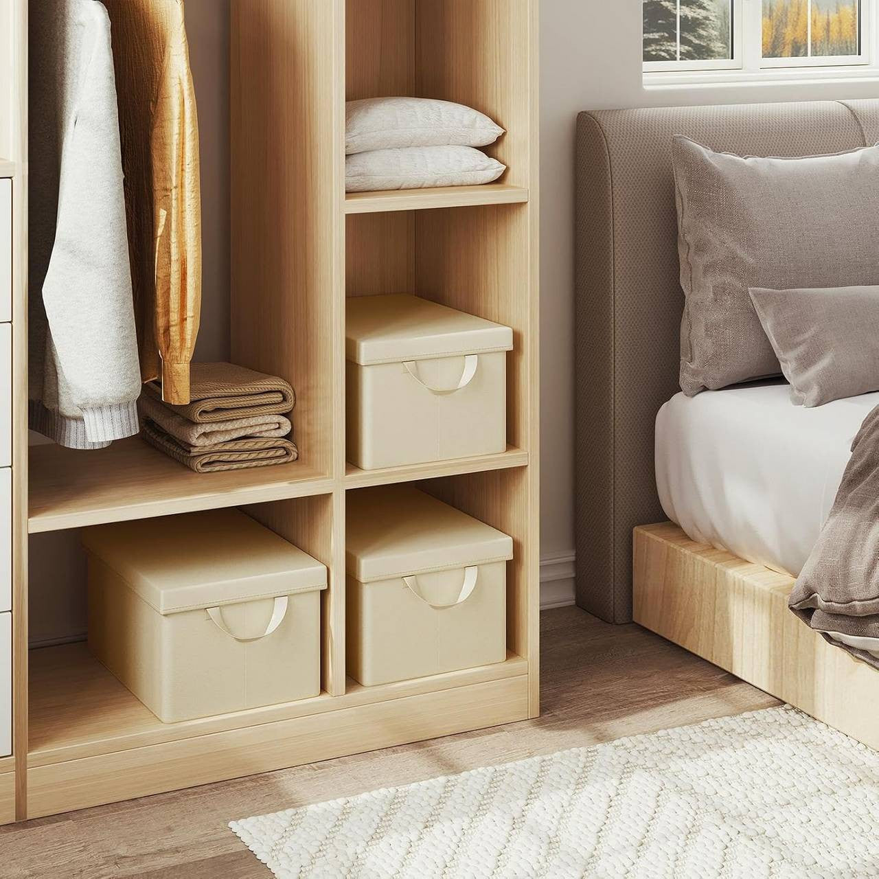 24goodz Set of 3 Storage Boxes with Lids - Durable and Versatile - Kationic Polyester - For Home Organization - Cream