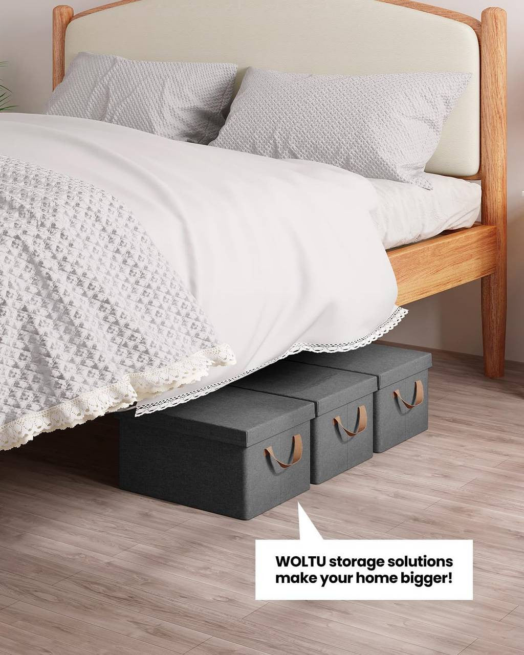 24goodz Set of 3 Storage Boxes with Lid - Space-Saving Design - Durable Polyester - For Home Organization - Grey (38x27x20 cm)