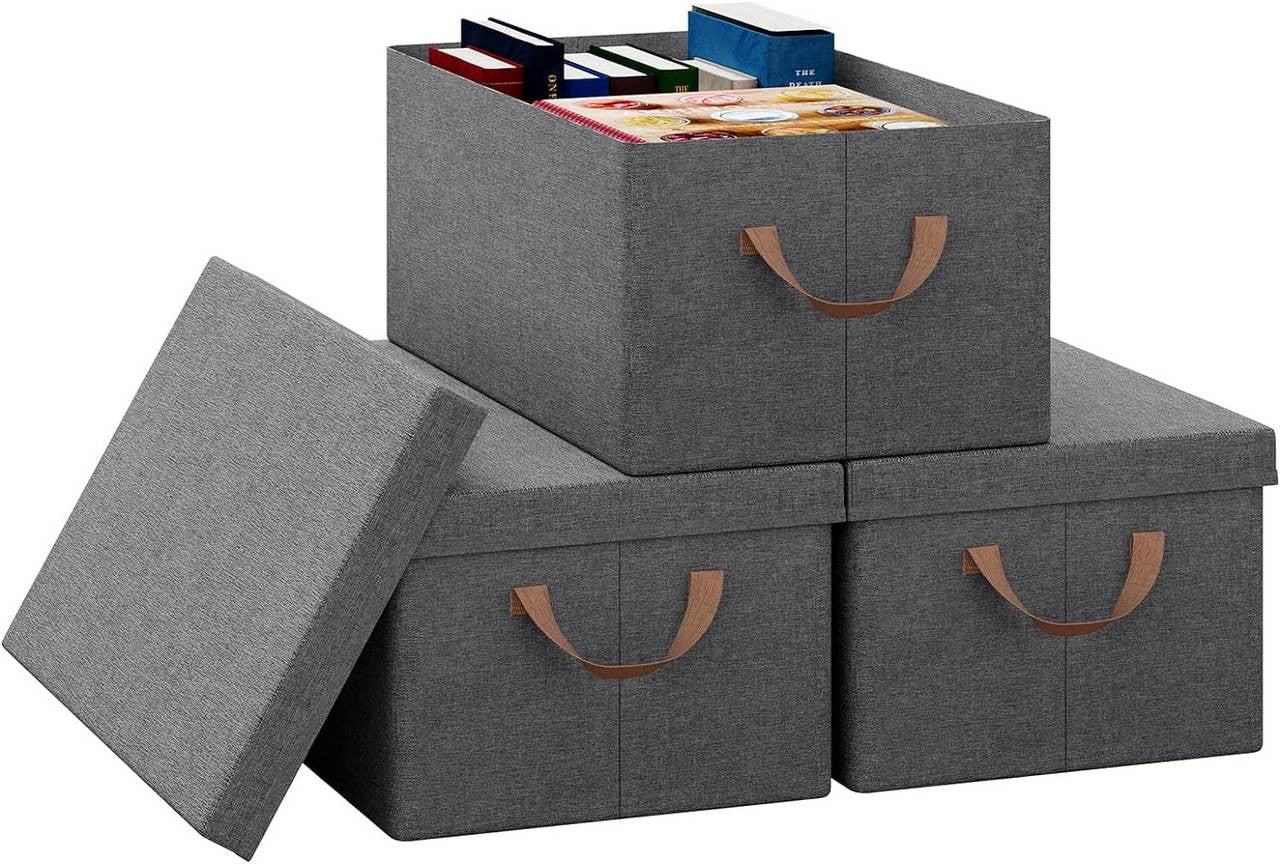 24goodz Set of 3 Storage Boxes with Lid - Versatile and Space-Saving - Polyester - For Home Organization - Grey