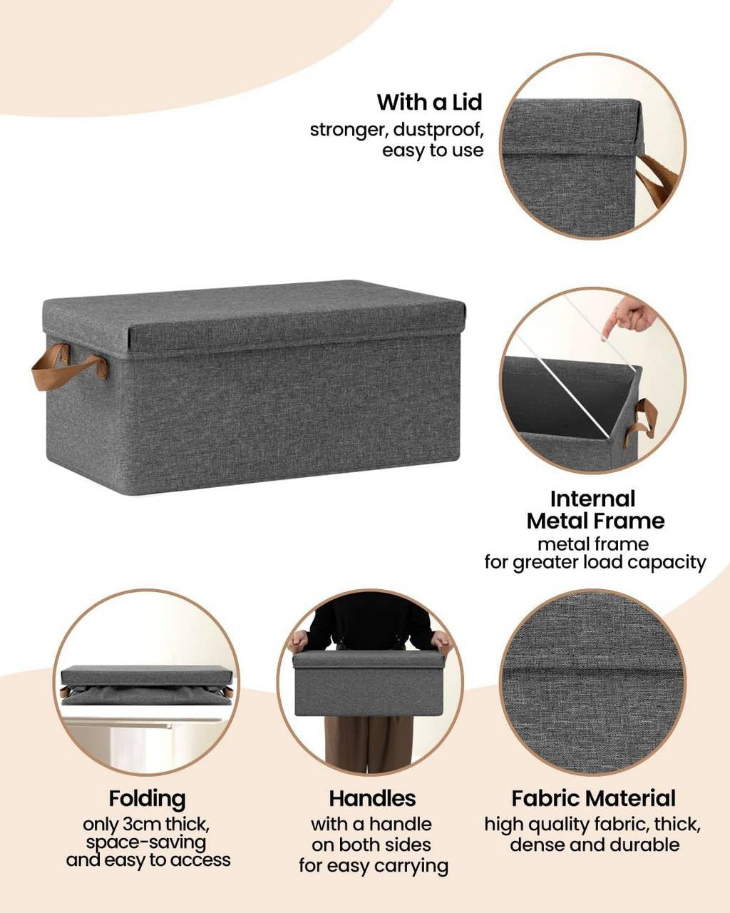 24goodz Set of 3 Storage Boxes with Lid - Versatile and Space-Saving - Polyester - For Home Organization - Grey