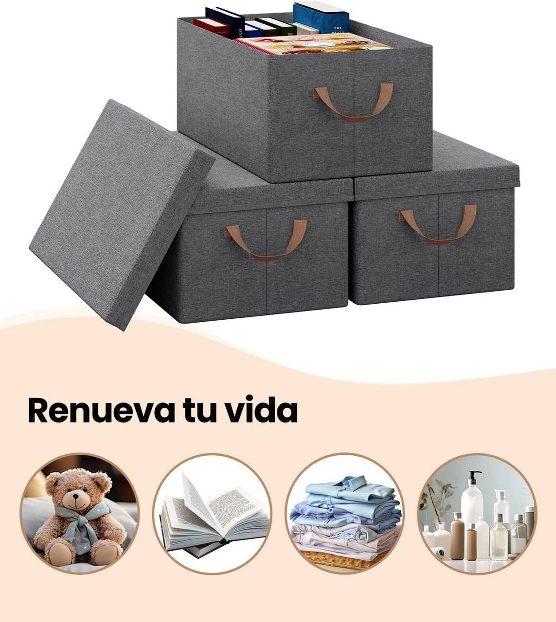 24goodz Set of 3 Storage Boxes with Lid - Versatile and Space-Saving - Polyester - For Home Organization - Grey