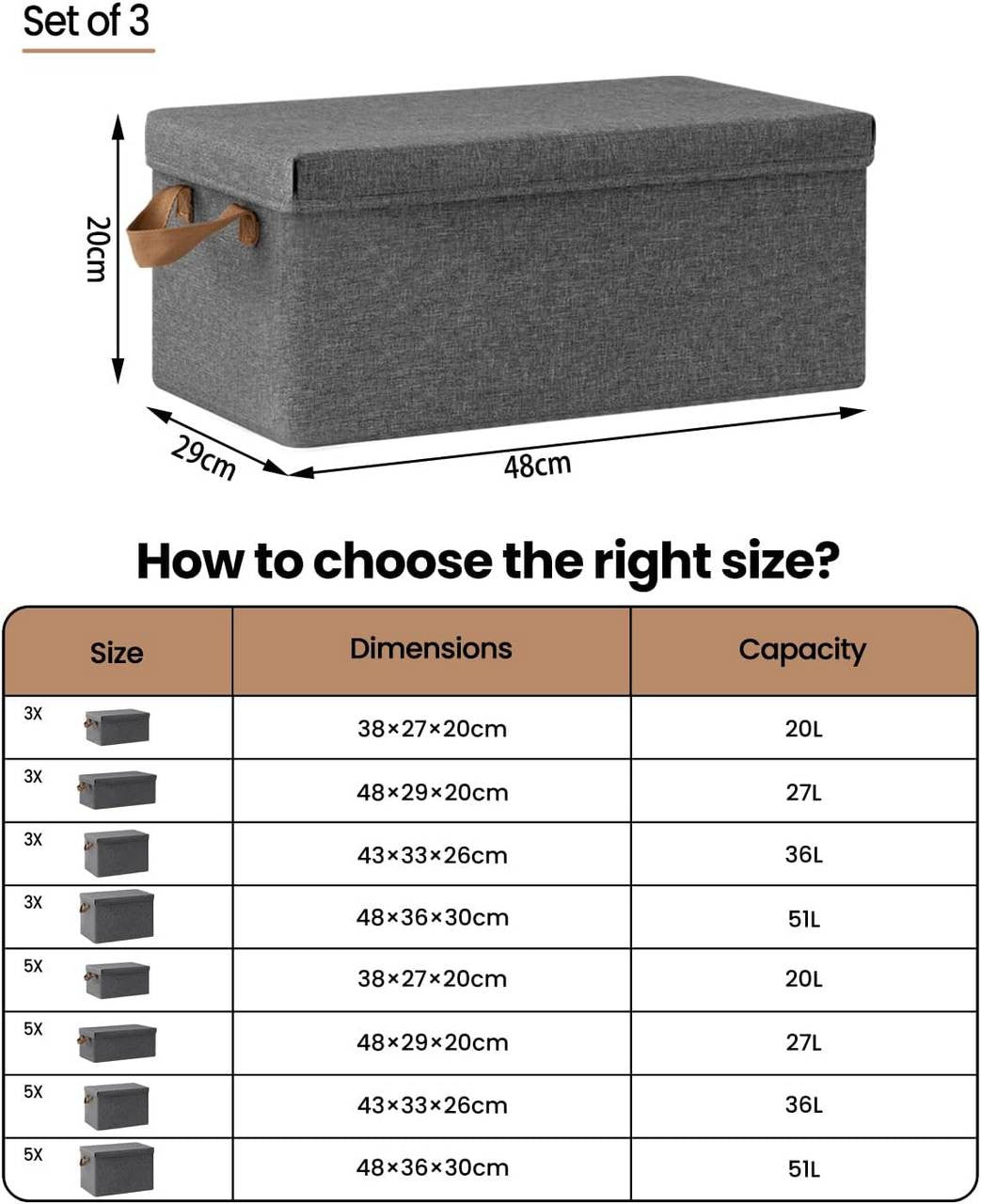 24goodz Set of 3 Storage Boxes with Lid - Versatile and Space-Saving - Polyester - For Home Organization - Grey