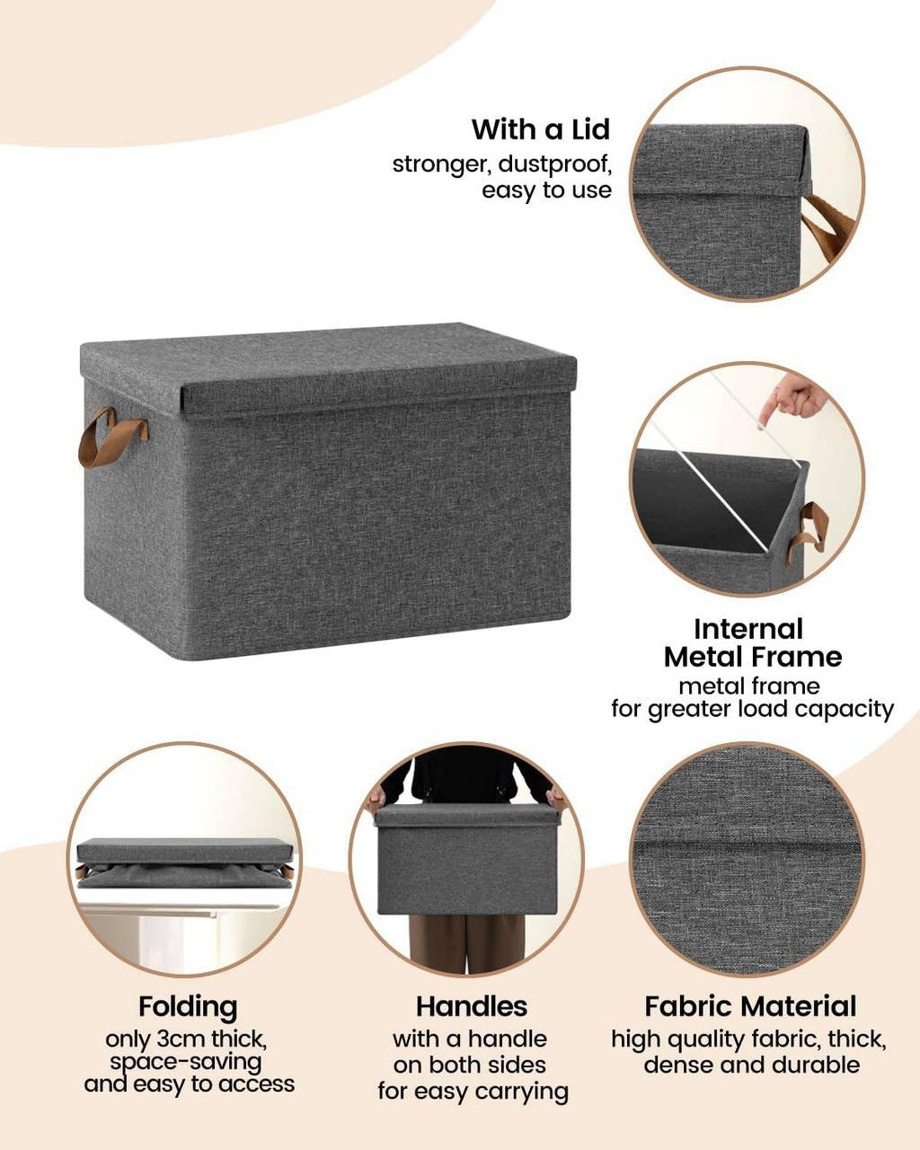 24goodz Set of 3 Storage Boxes with Lid - Space-Saving Design - Durable Polyester - For Home Organization - Grey (43x33x26 cm)