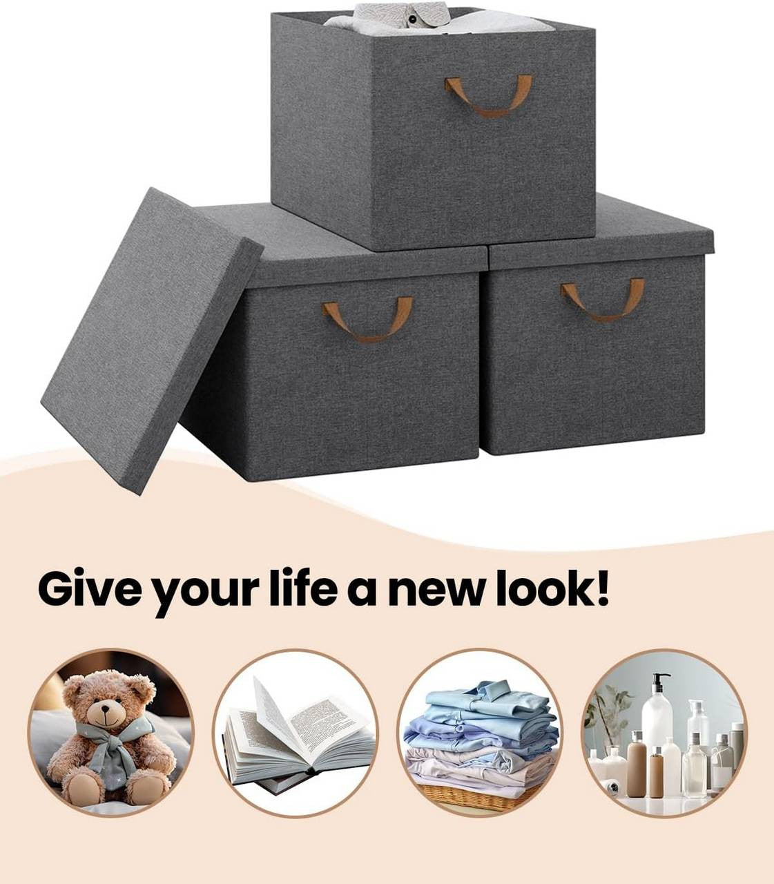 24goodz Set of 3 Storage Bins with Lids - Versatile and Space-Saving - Polyester and Metal - For Home Organization - Grey