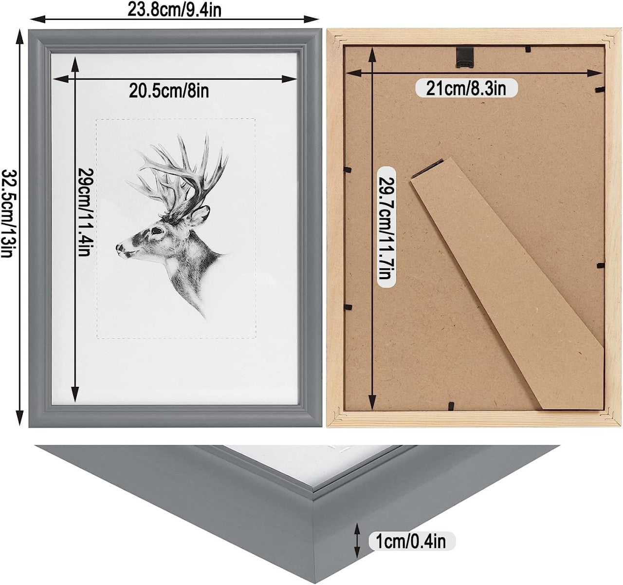 24goodz Set of 3 Wooden Photo Frames with Real Glass - Durable and Stylish - Solid Wood - For Home Decor - Grey