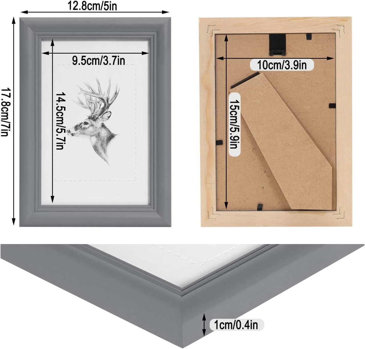 24goodz Set of 3 Wooden Photo Frames with Real Glass - Durable and Stylish - Solid Wood - For Home Decor - Grey