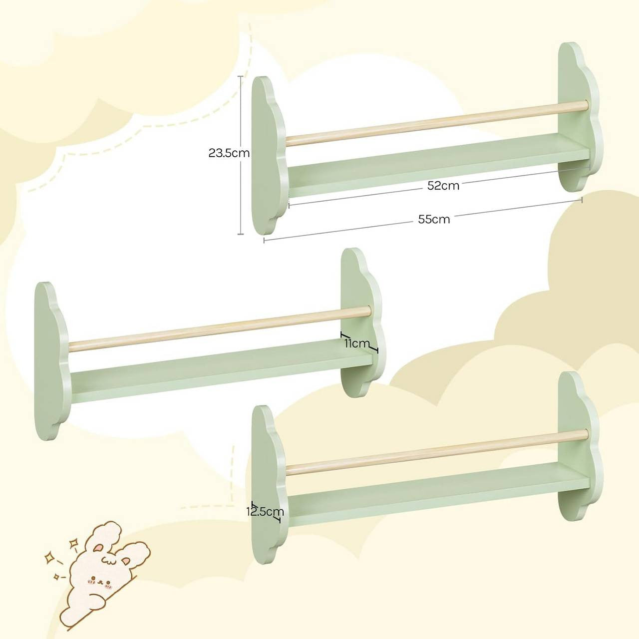 24goodz Set of 3 Children's Bookshelves - Adorable Cloud Design - E1 MDF and Pine Wood - For Kids - 45/55/65 x 12.7 x 23 cm