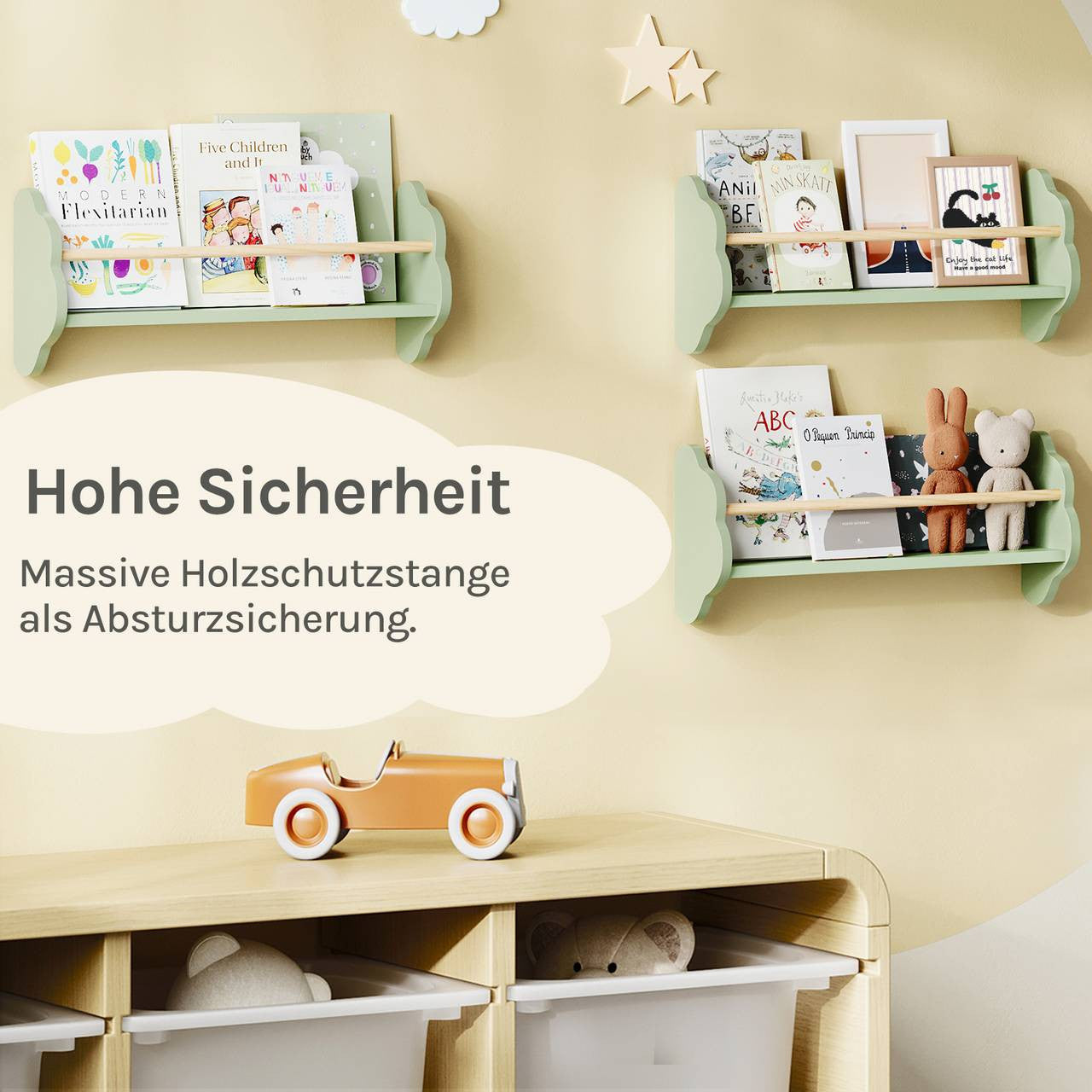 24goodz Set of 3 Children's Bookshelves - Adorable Cloud Design - E1 MDF and Pine Wood - For Kids - 45/55/65 x 12.7 x 23 cm