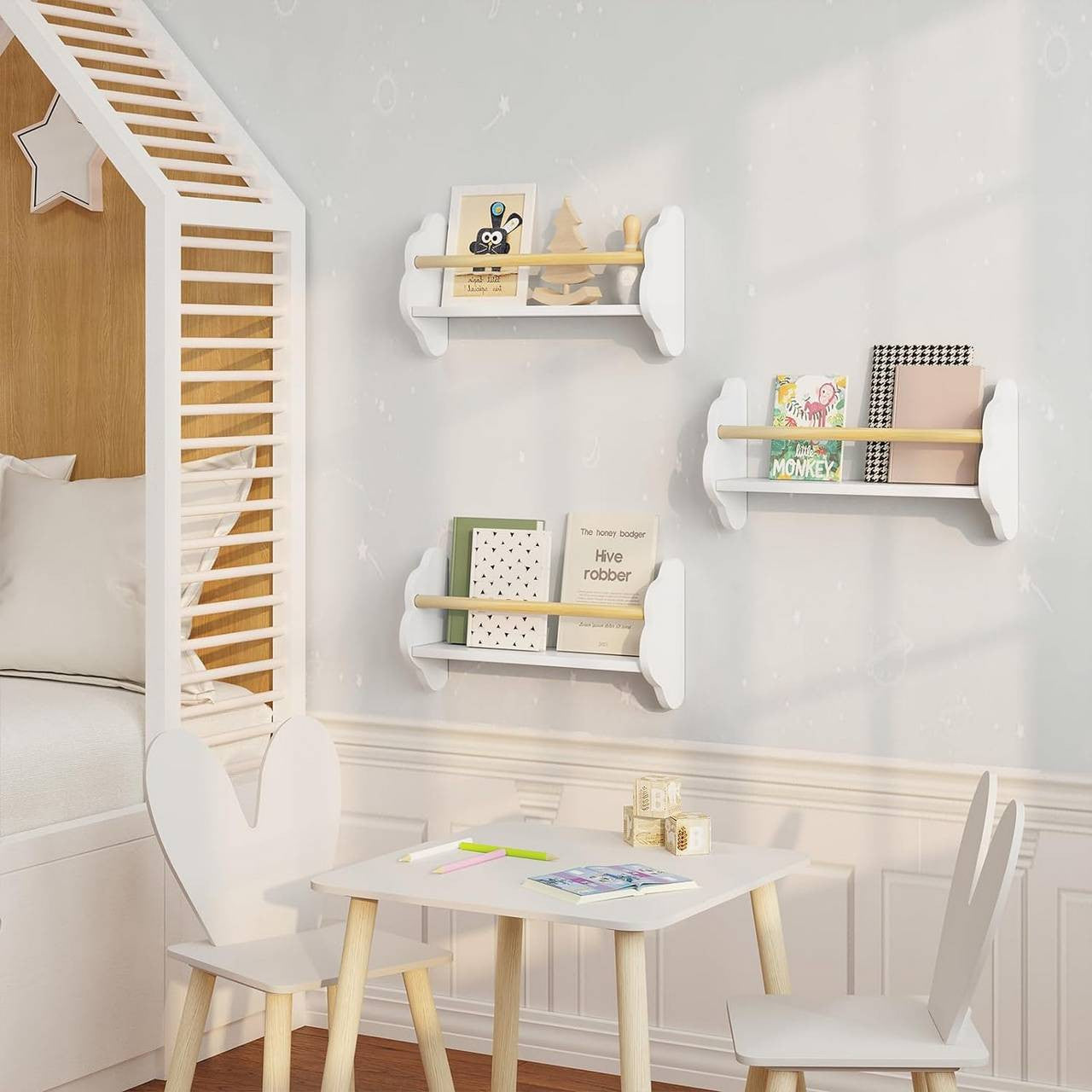 24goodz Set of 3 Children's Bookshelves - Charming Cloud Design - E1 MDF and Pine Wood - For Kids - White