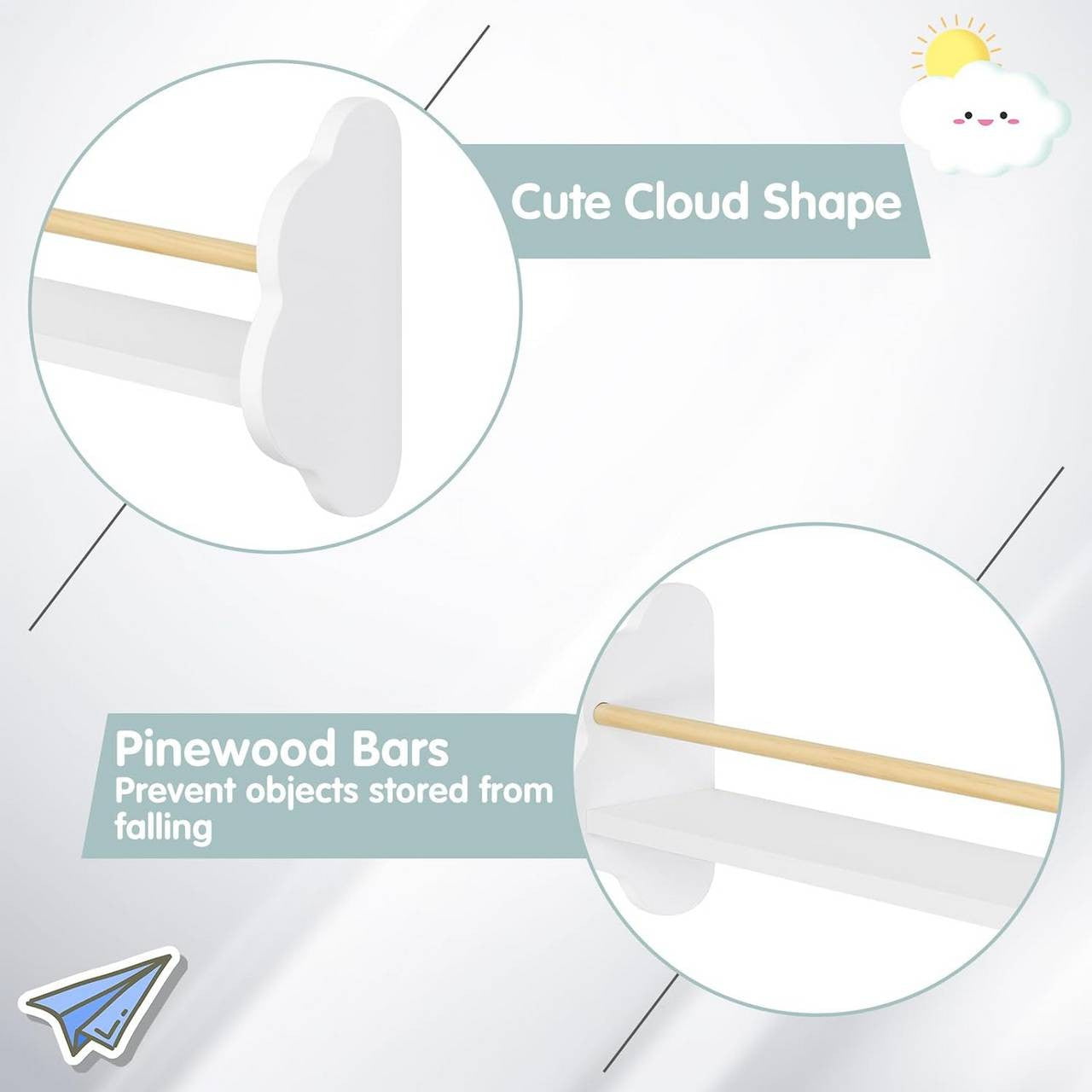 24goodz Set of 3 Kids' Bookshelves - Charming Cloud Design - E1 MDF and Pine Wood - For Children's Rooms - White 45/55/65 x 12.7 x 23 cm