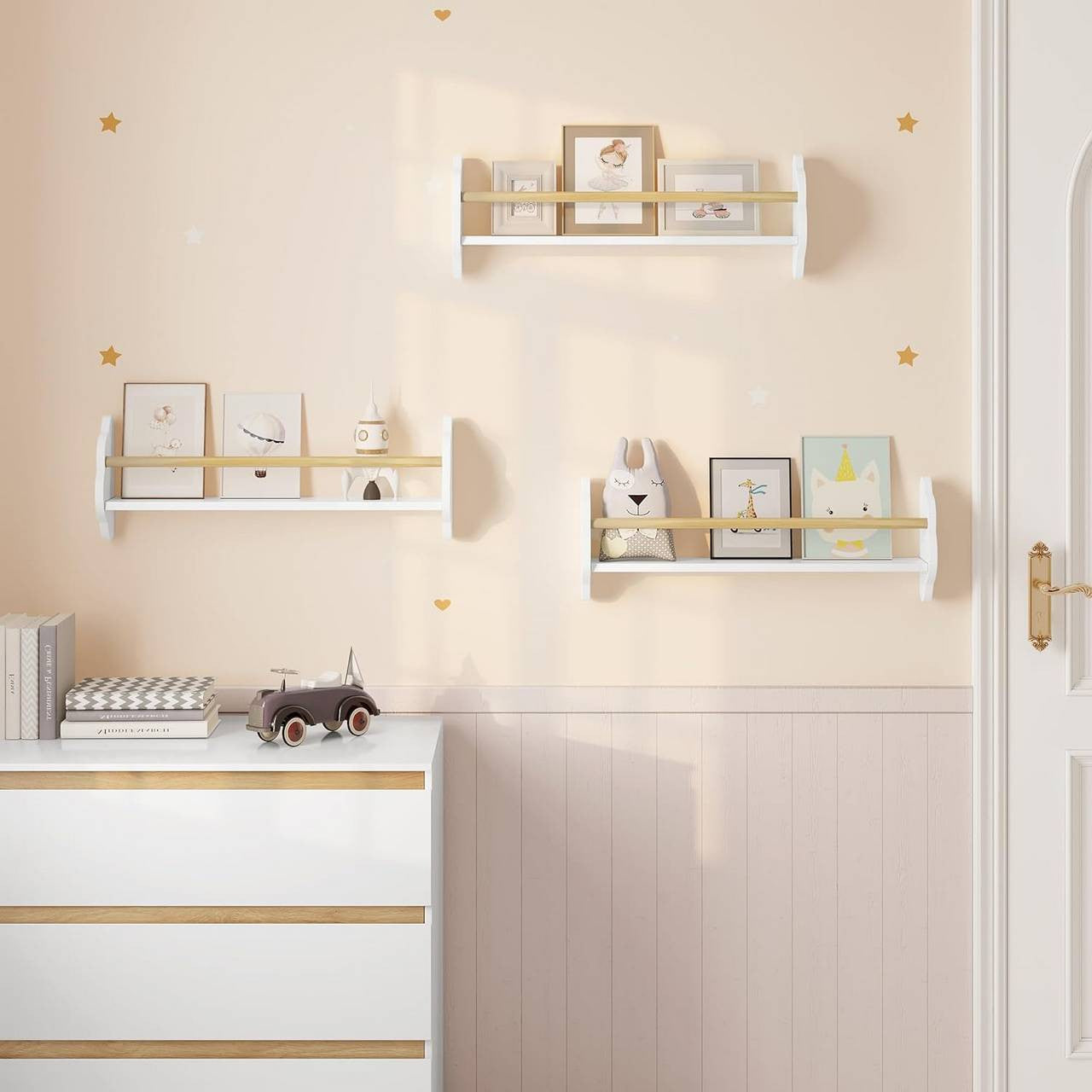 24goodz Set of 3 Kids' Bookshelves - Charming Cloud Design - E1 MDF and Pine Wood - For Children's Rooms - White 45/55/65 x 12.7 x 23 cm