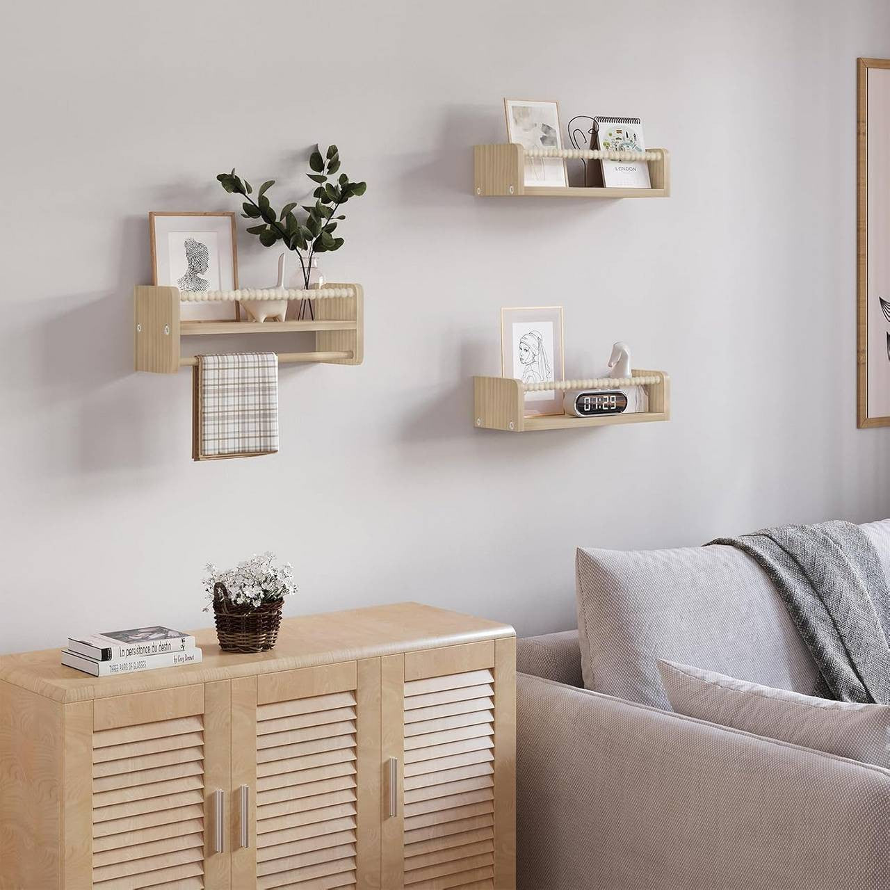 24goodz Set of 3 Floating Bookshelves - Customizable Height - Solid Pine Wood - For Children - Natural Wood Colour