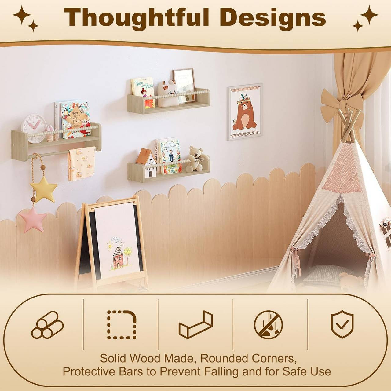 24goodz Set of 3 Floating Bookshelves - Customizable Height - Solid Wood - For Children - Natural Wood Colour