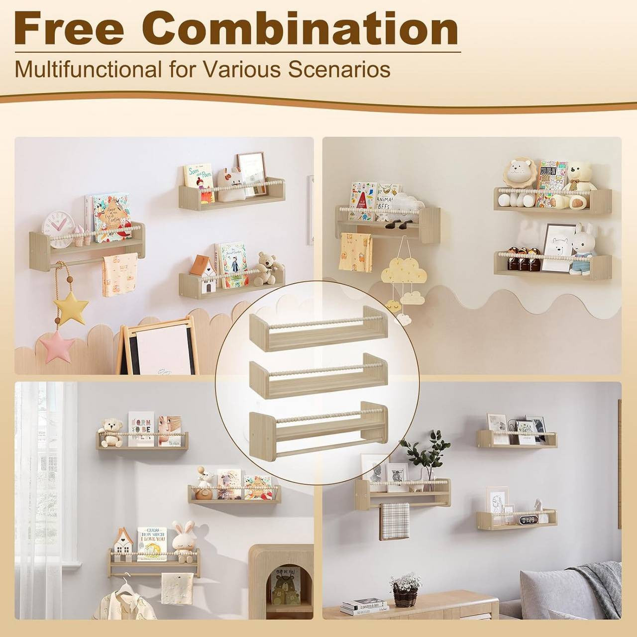 24goodz Set of 3 Floating Bookshelves - Customizable Height - Solid Wood - For Children - Natural Wood Colour