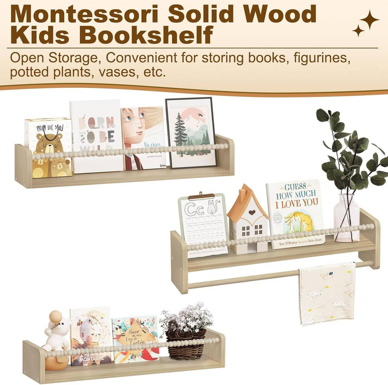 24goodz Set of 3 Floating Bookshelves - Perfect for Kids' Rooms - Durable Pine Wood - For Children - Natural Wood Colour