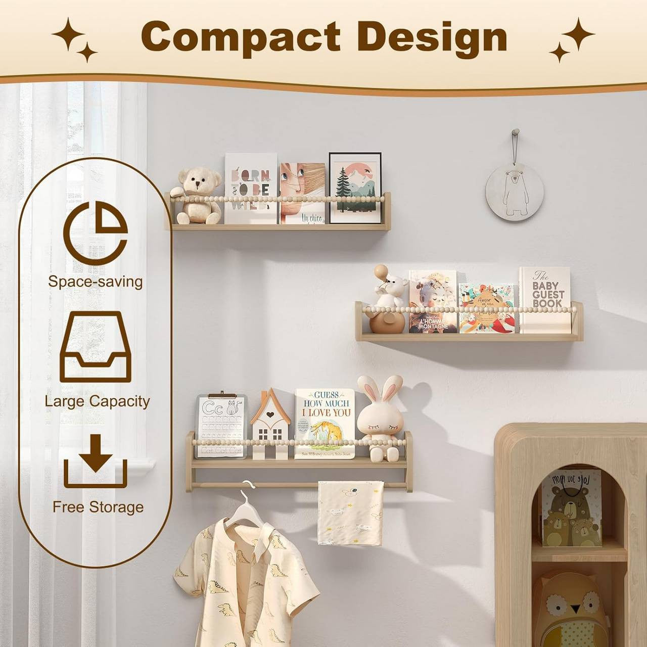 24goodz Set of 3 Floating Bookshelves - Perfect for Kids' Rooms - Durable Pine Wood - For Children - Natural Wood Colour