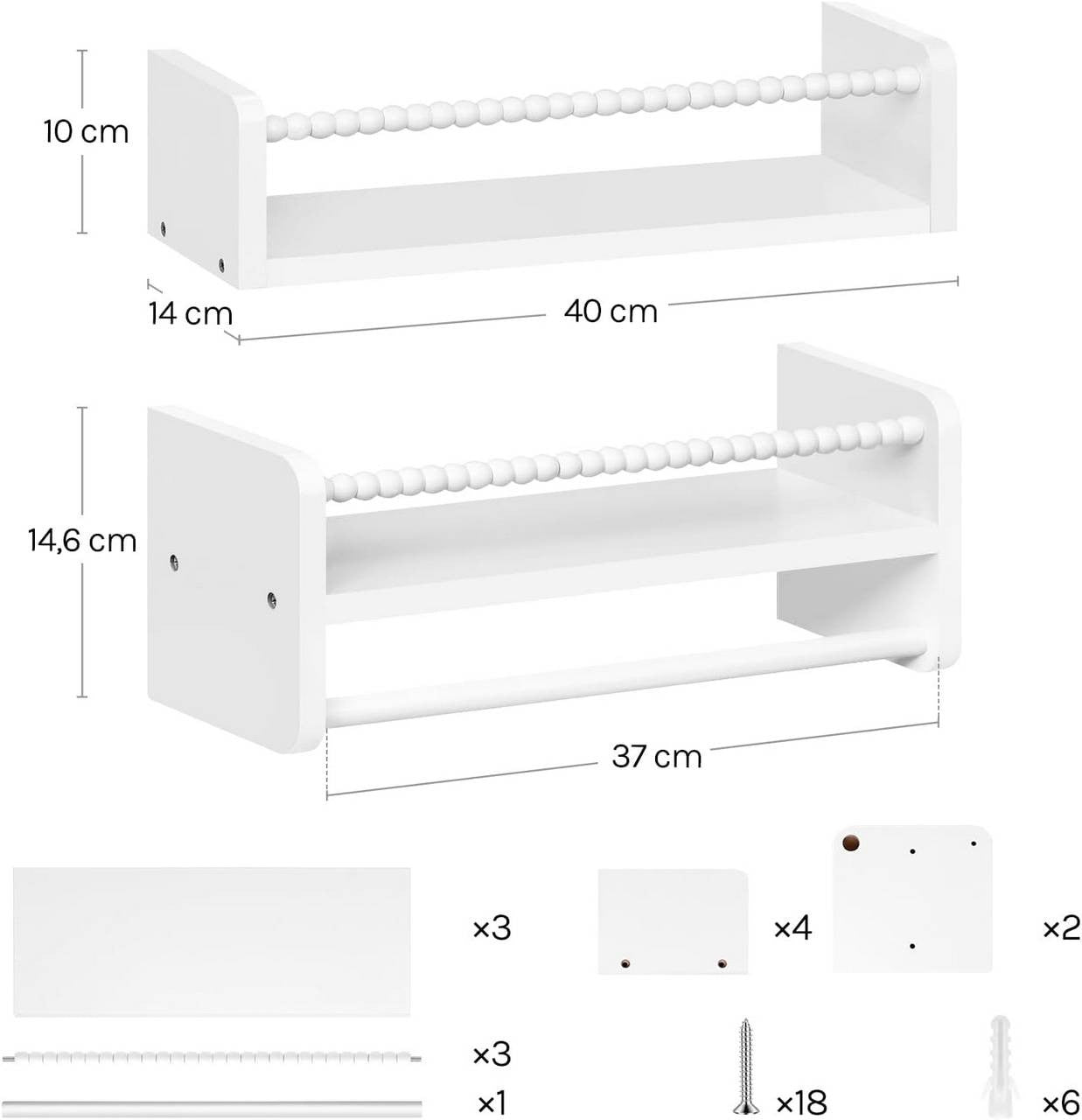 24goodz Set of 3 Floating Bookshelves - Customizable Height for Kids - Solid Pine Wood - For Children - Natural Wood Colour + White - 40/50/60 x 15 x 14 cm