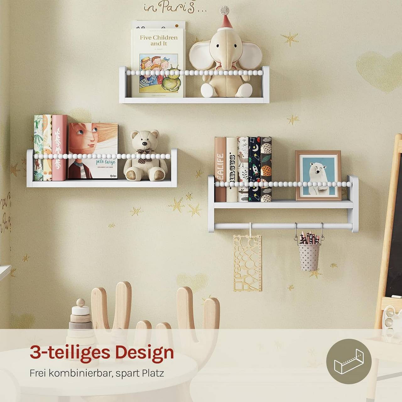 24goodz Set of 3 Floating Bookshelves - Customizable Height for Kids - Solid Pine Wood - For Children - Natural Wood Colour + White - 40/50/60 x 15 x 14 cm
