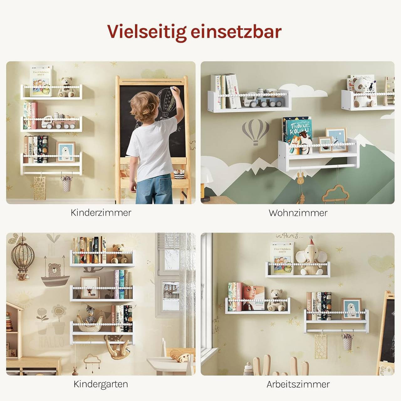 24goodz Set of 3 Floating Bookshelves - Customizable Height for Kids - Solid Pine Wood - For Children - Natural Wood Colour + White - 40/50/60 x 15 x 14 cm