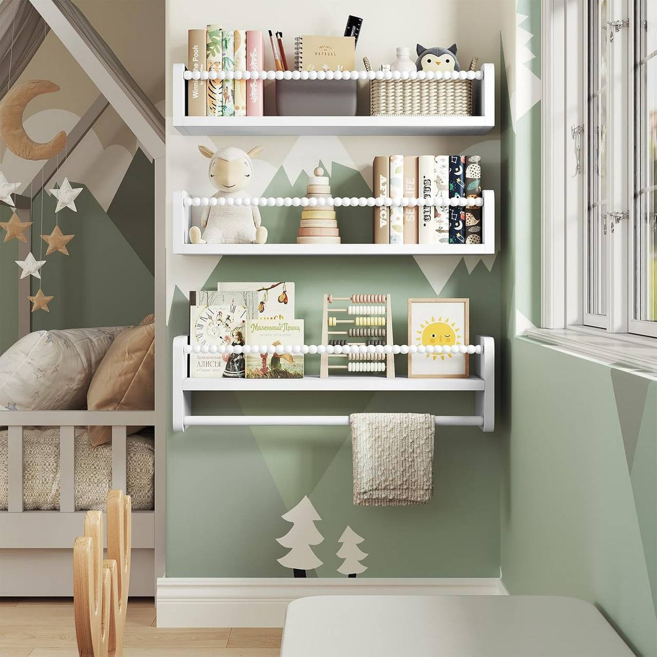 24goodz Set of 3 Floating Bookshelves - Customizable Height for Kids - Solid Wood - For Children - White