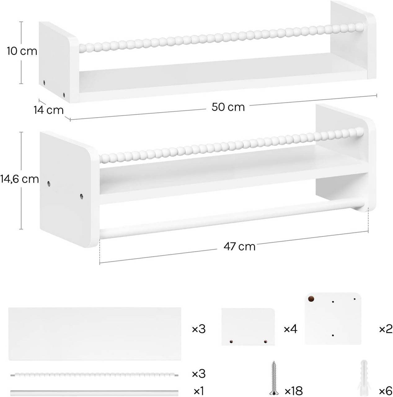 24goodz Set of 3 Floating Bookshelves - Customizable Height for Kids - Solid Wood - For Children - White