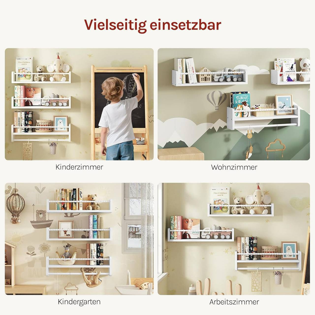 24goodz Set of 3 Floating Bookshelves - Customizable Height for Kids - Solid Wood - For Children - White