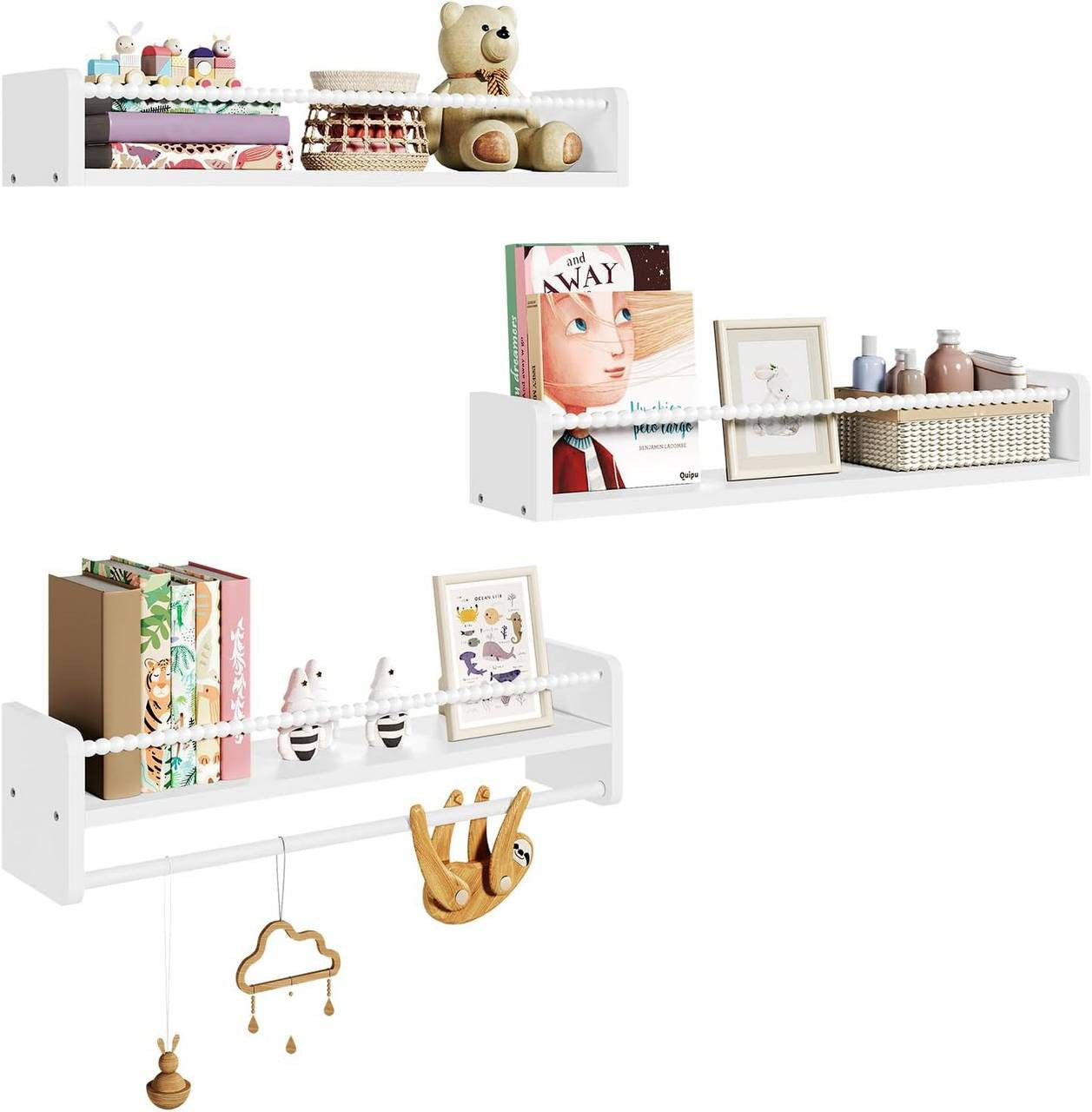 24goodz Set of 3 Floating Bookshelves - Perfect for Kids' Rooms - Easy to Install - Solid Pine Wood - White - 60 x 15 x 14 cm