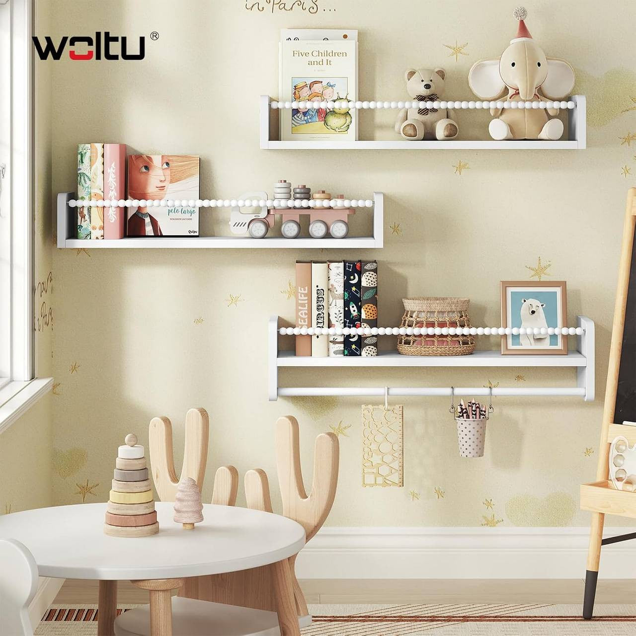 24goodz Set of 3 Floating Bookshelves - Perfect for Kids' Rooms - Easy to Install - Solid Pine Wood - White - 60 x 15 x 14 cm