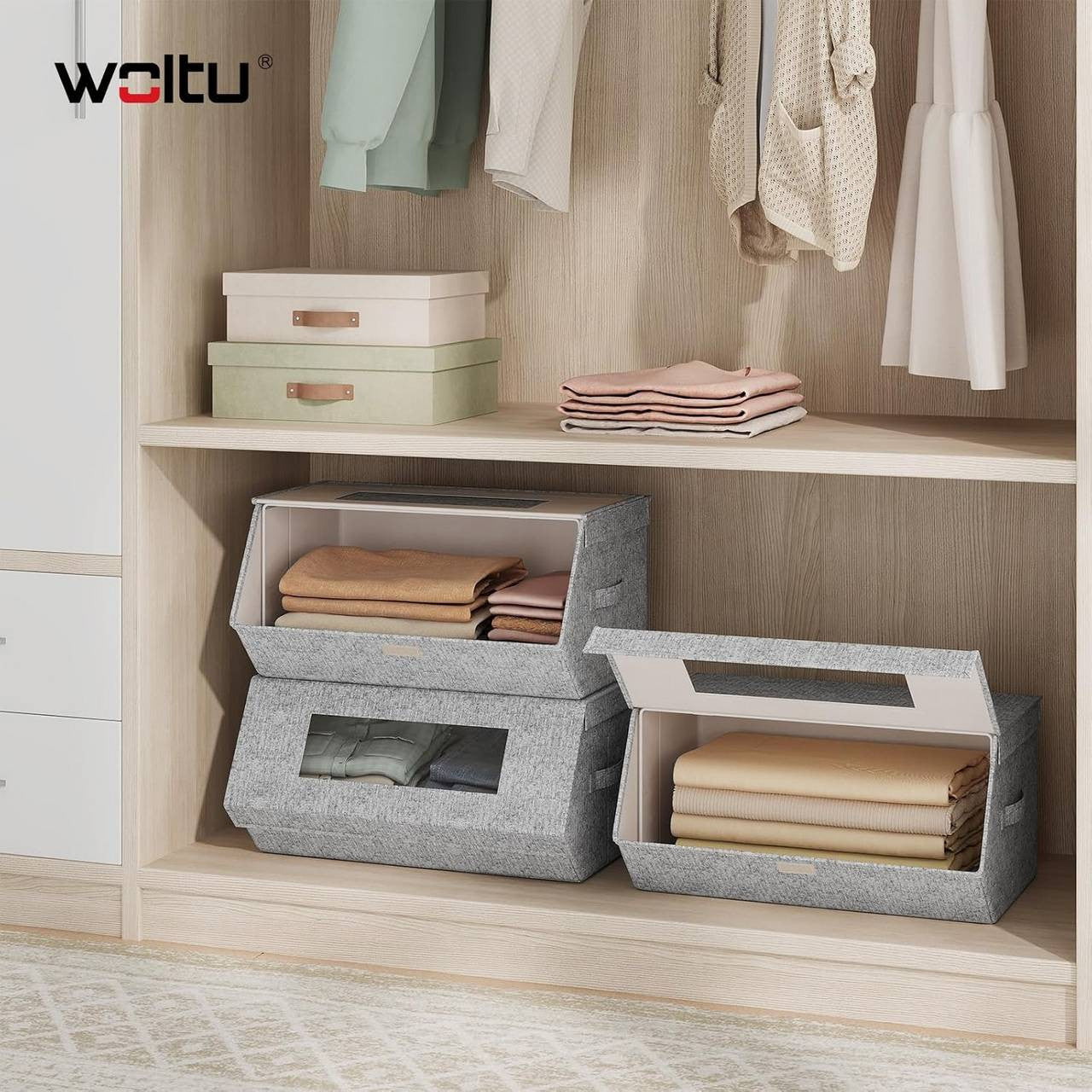 24goodz Set of 3 Stackable Storage Boxes with Handles - Space-Saving Design - Durable Non-Woven Fabric - For Home Organization - Grey + Beige