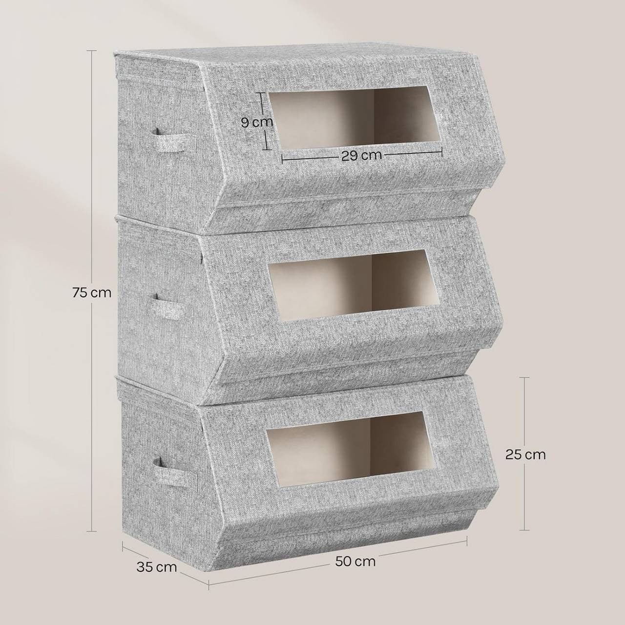 24goodz Set of 3 Stackable Storage Boxes with Handles - Space-Saving Design - Durable Non-Woven Fabric - For Home Organization - Grey + Beige