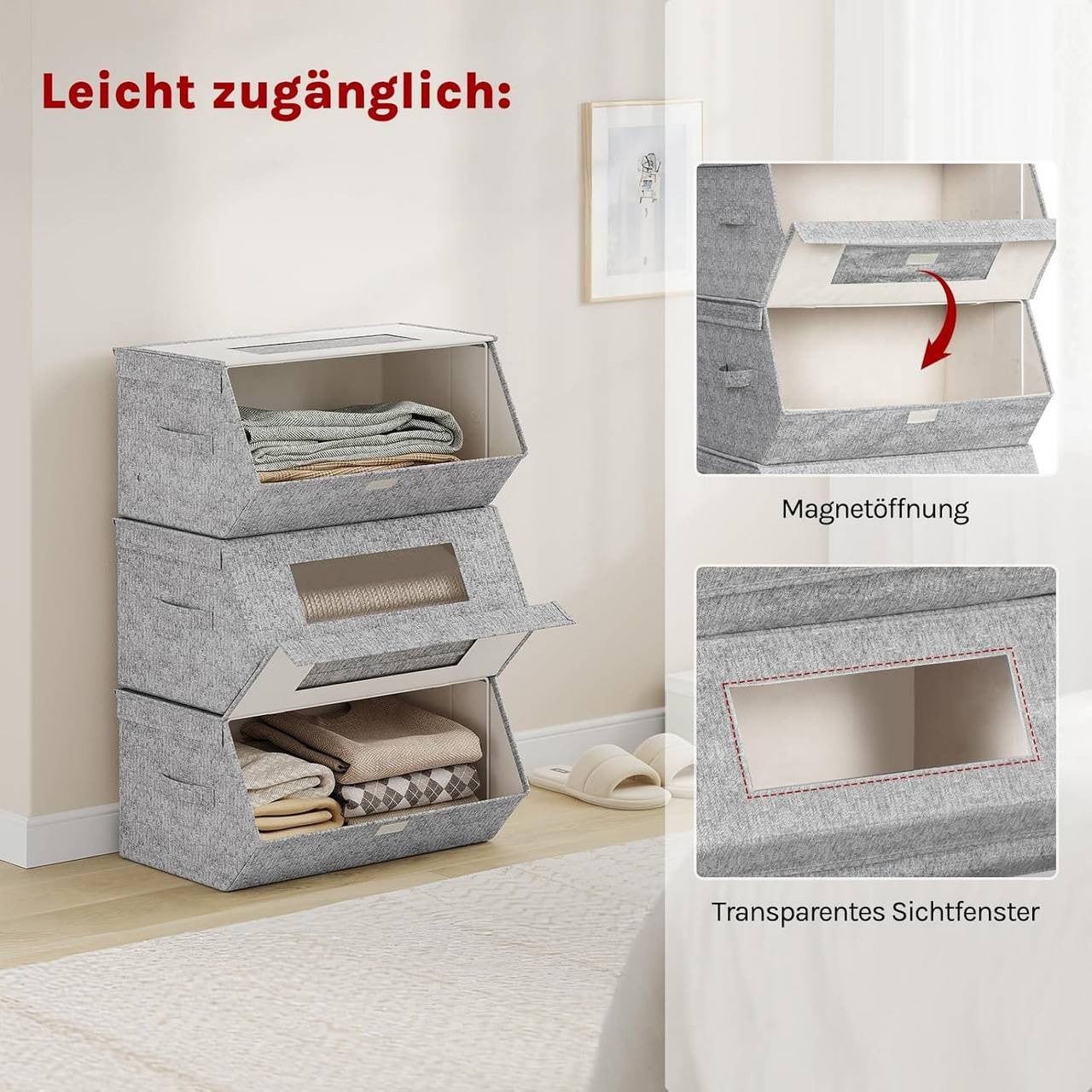 24goodz Set of 3 Stackable Storage Boxes with Handles - Space-Saving Design - Durable Non-Woven Fabric - For Home Organization - Grey + Beige
