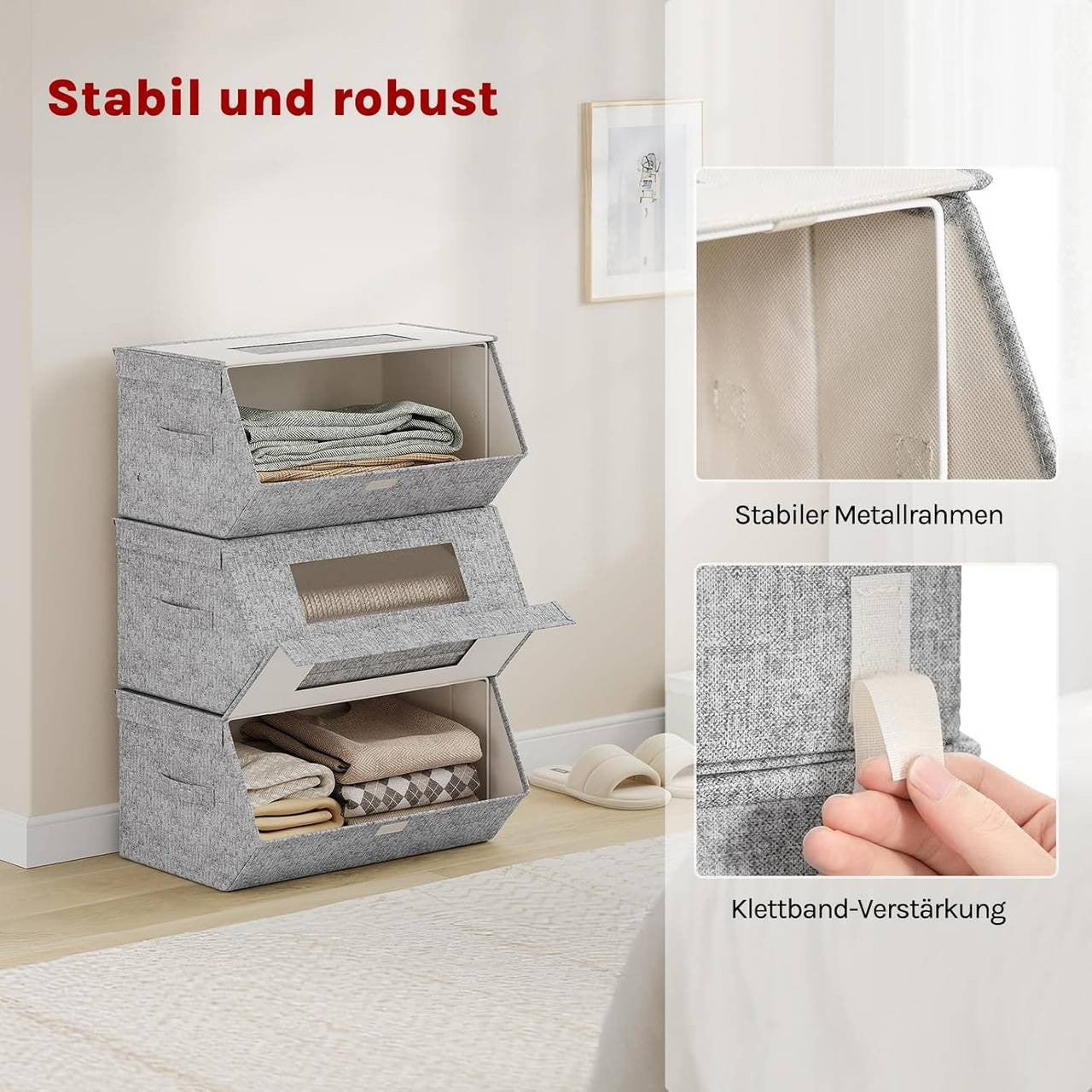 24goodz Set of 3 Stackable Storage Boxes with Handles - Space-Saving Design - Durable Non-Woven Fabric - For Home Organization - Grey + Beige