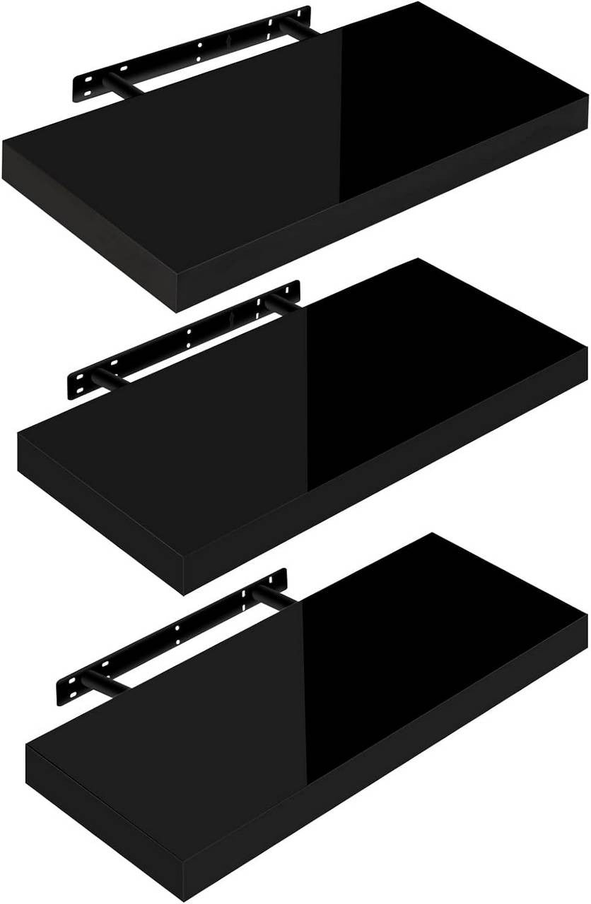 24goodz Floating Shelves Set of 3 - High Weight Capacity - MDF - For Home & Office - Black 50x22.9x3.8cm - sz