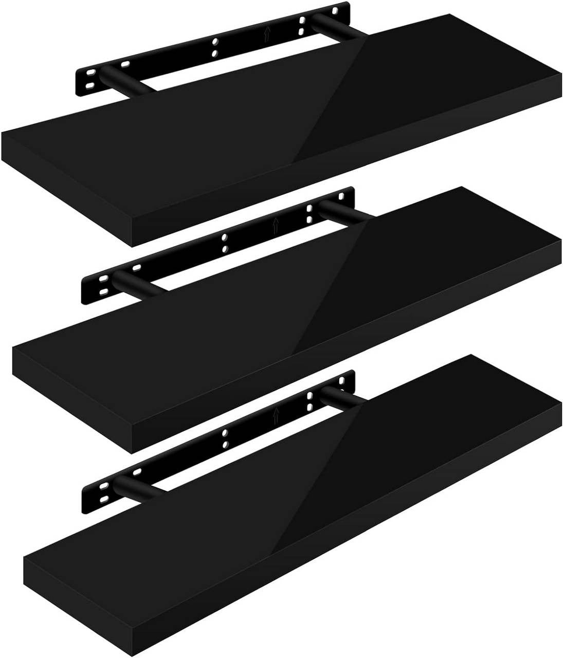 24goodz Set of 3 Floating Shelves - Versatile Use - Easy Installation - MDF - Black - 80x22.9x3.8cm - sz