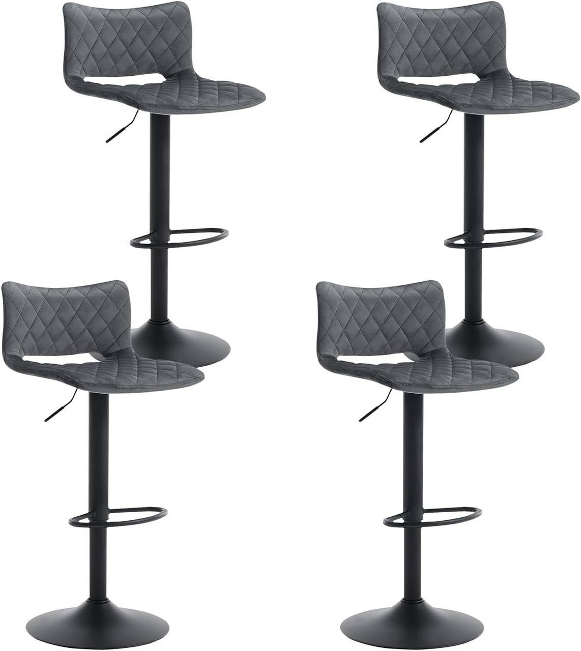 24goodz Set of 4 Adjustable Bar Stools - Ergonomic Design - Durable Metal Frame - Velvet - For Home Bars and Kitchens - Dark Grey