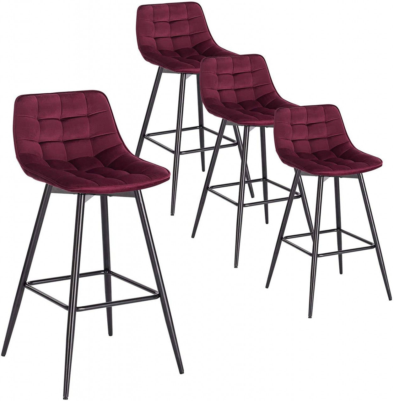 24goodz Velvet Bar Stool - Comfortable & Ergonomic - Sturdy & Robust - Velvet + Metal - Bordeaux - Set of 2/4 - bd