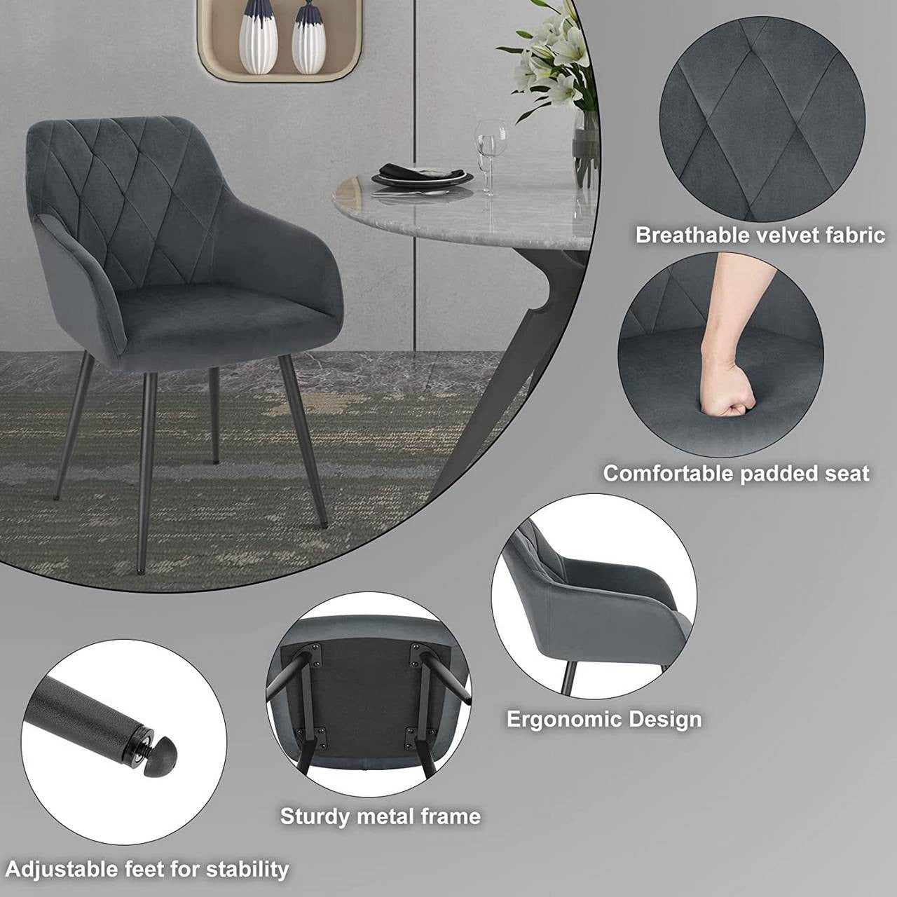24goodz Velvet Dining Chair with Armrests - Ergonomic Comfort - Sturdy Metal Legs - Velvet - For Dining Rooms - Dark Grey - dgr
