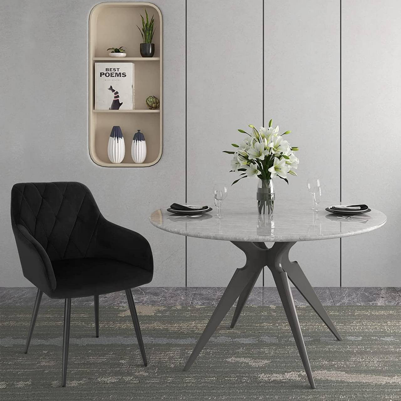 24goodz Velvet Dining Chairs with Armrests - Ergonomic Comfort - Sturdy Metal Legs - Velvet - For Dining Rooms - Black - sz