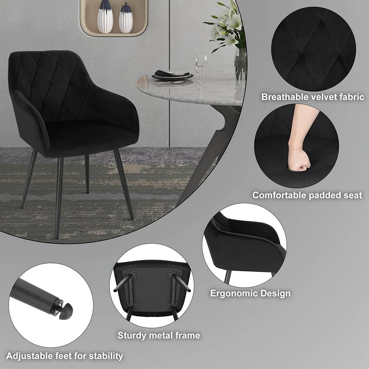 24goodz Velvet Dining Chair with Armrests - Ergonomic Comfort - Sturdy Metal Legs - Velvet - For Dining and Living Spaces - Black - sz