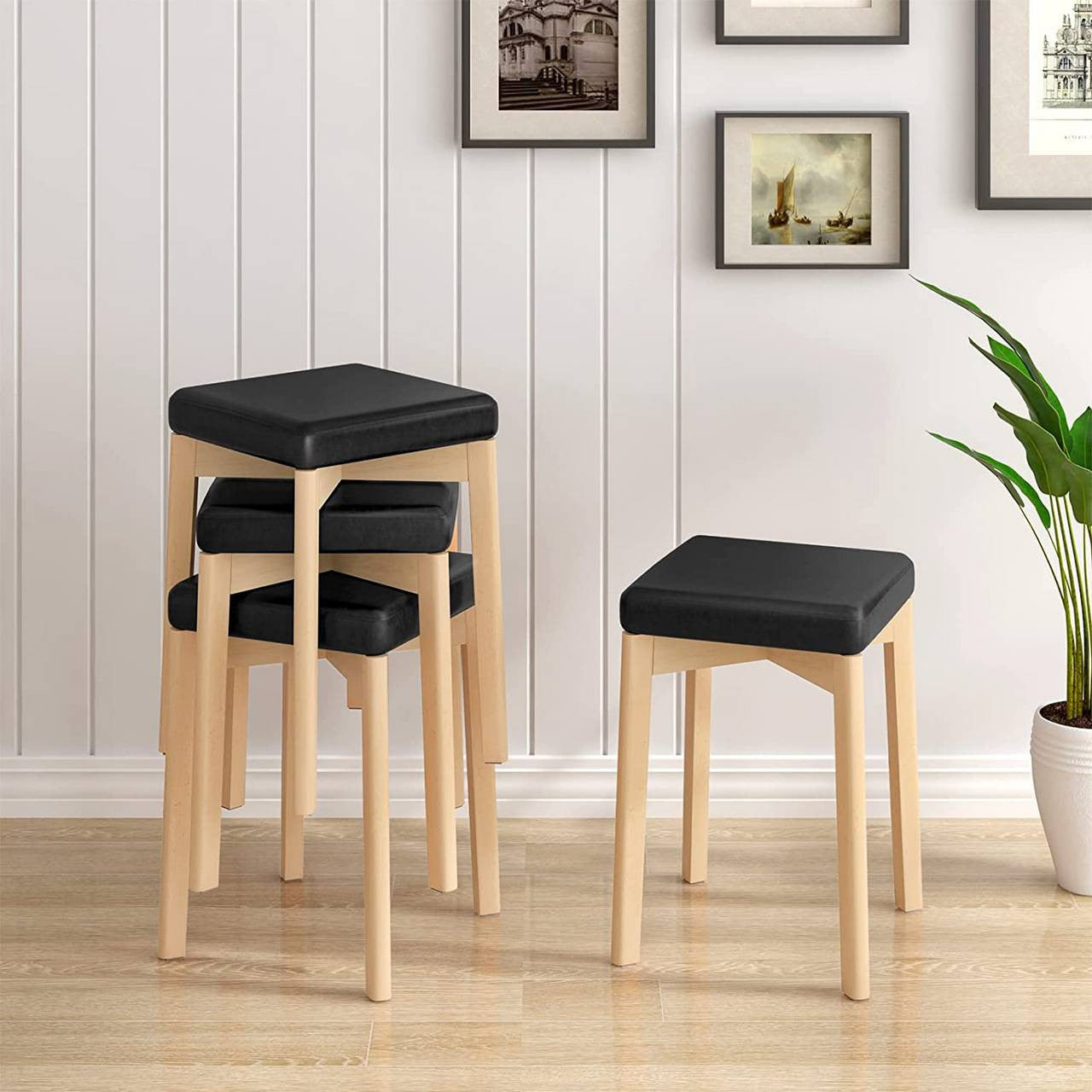 24goodz Stackable Dining Chairs - Solid Beech Wood - Comfortable PU Upholstery - Beech Wood + Black - Set of 4 - 32.5 x 32.5 x 47 cm - sz