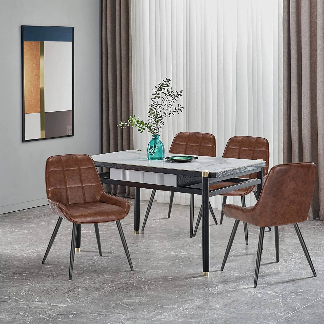 24goodz Set of 4 Faux Leather Dining Chairs - Ergonomic Comfort Design - Metal and Wood - For Dining Room and Living Space - Brown