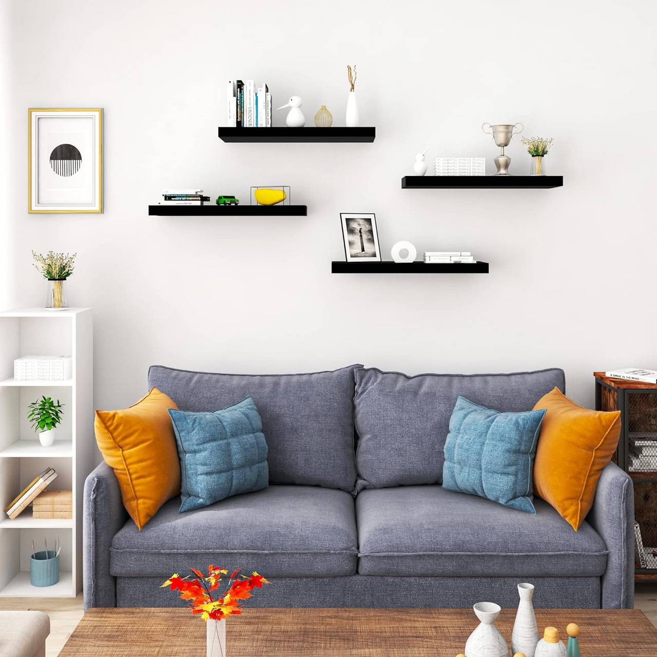 24goodz Set of 4 Floating Shelves - High-Quality MDF - Easy to Mount - Black - 25x22.9x3.8cm - sz