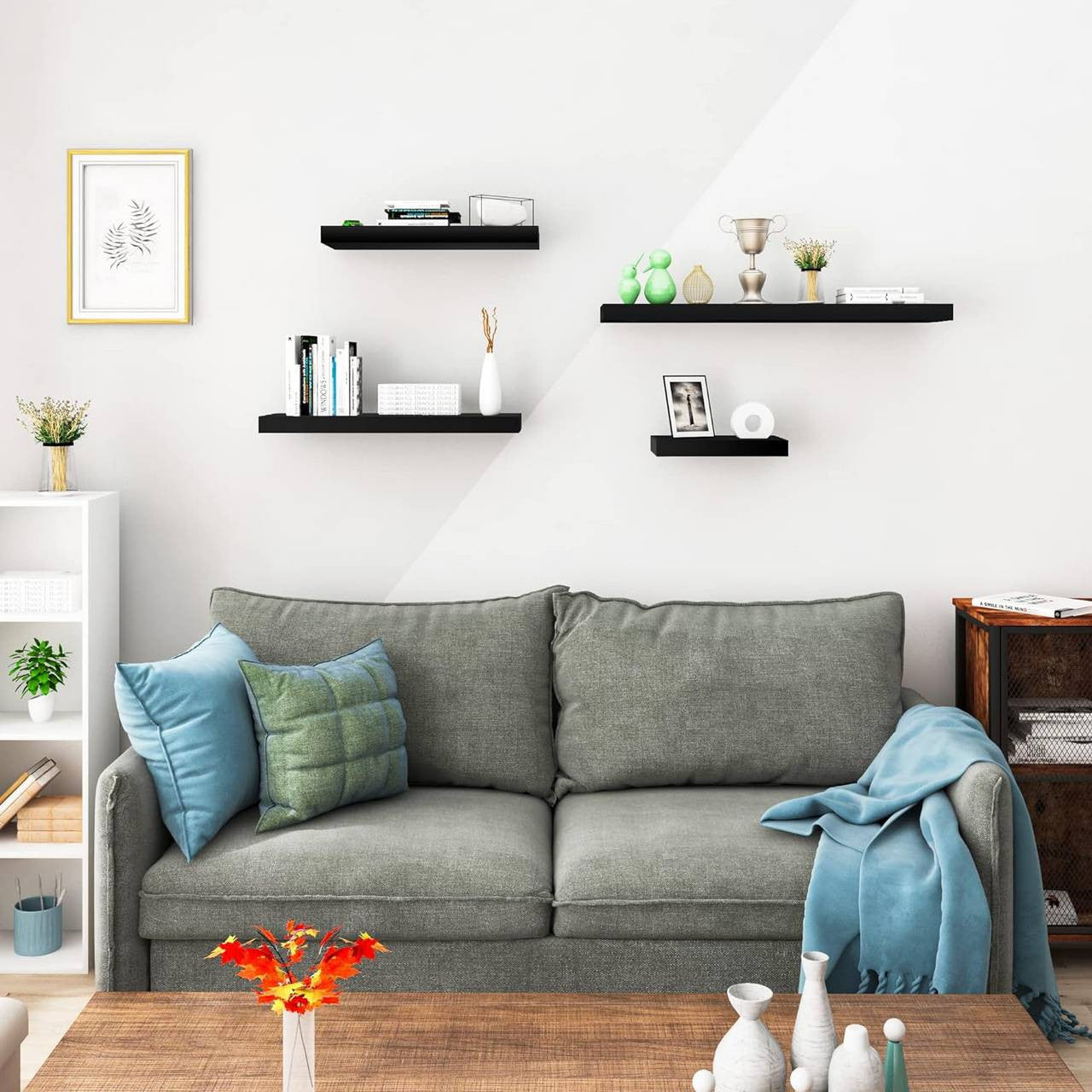 24goodz Set of 4 Floating Shelves - High Weight Capacity - MDF - For Home Decor - Black 110x22.9x3.8cm - sz