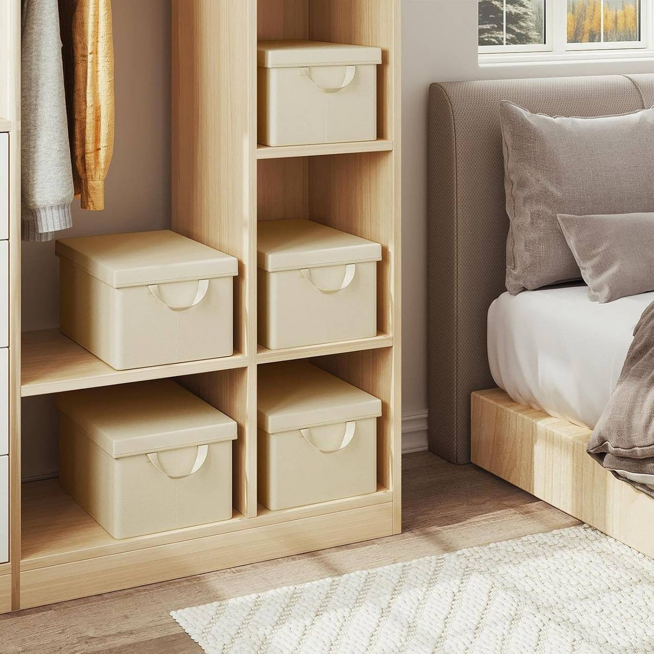 24goodz Set of 5 Storage Boxes with Lids - High-Quality Durable Materials - Foldable Design - Polyester - For Home Organization - Cream