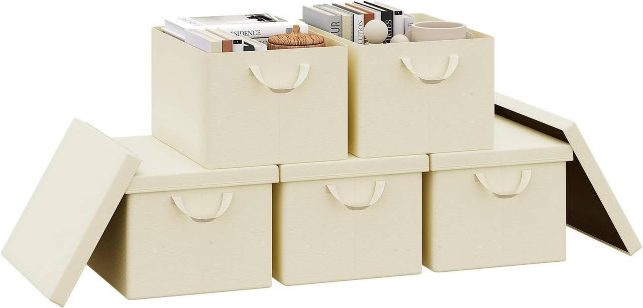 24goodz Set of 5 Storage Boxes with Lids - Versatile and Space-Saving - High-Quality Polyester - For Organizing Your Home - Cream