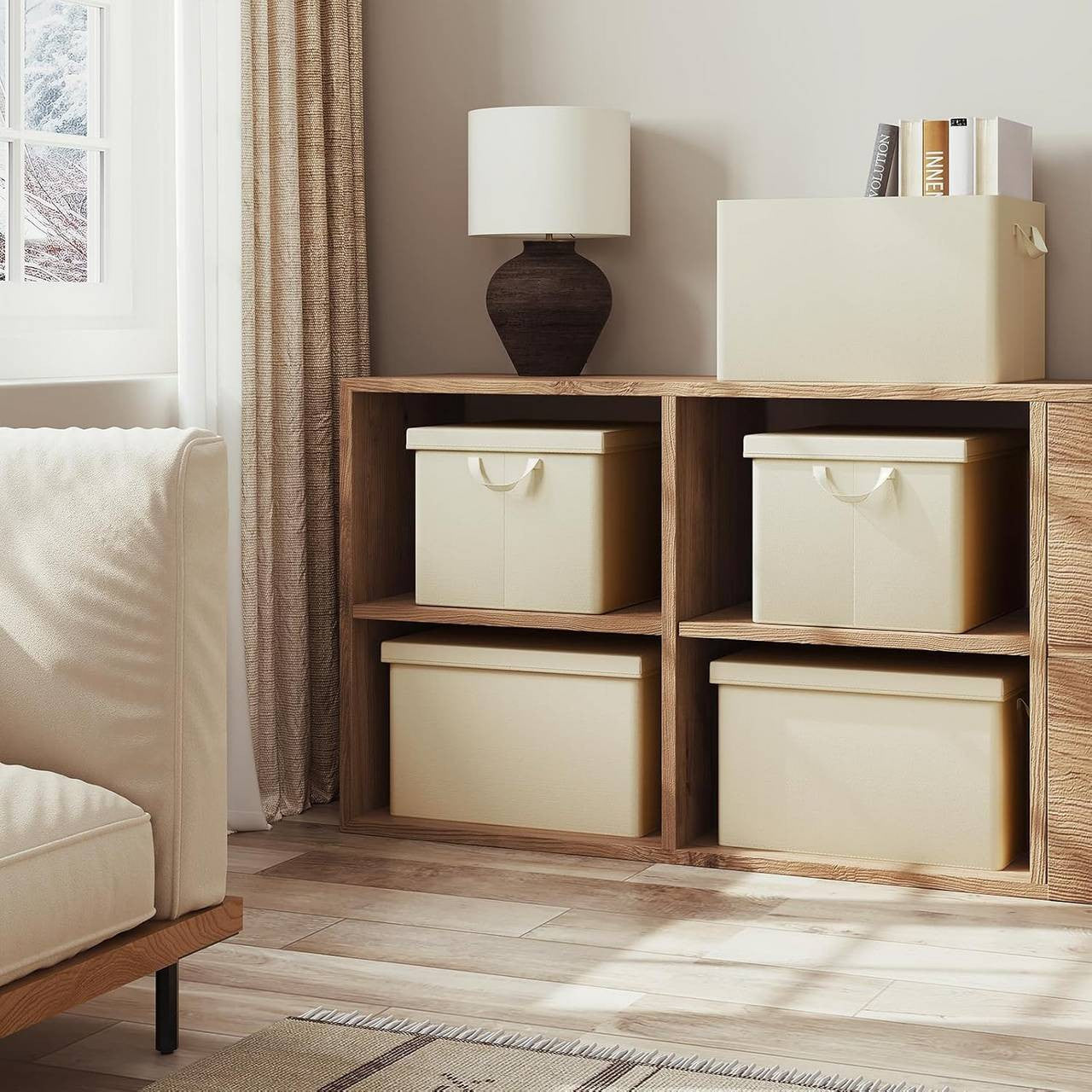 24goodz Set of 5 Storage Boxes with Lids - Versatile and Space-Saving - High-Quality Polyester - For Organizing Your Home - Cream