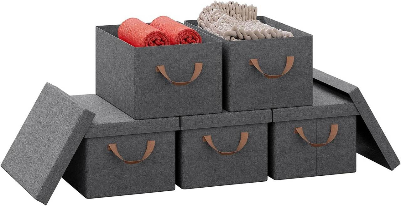 24goodz Set of 5 Storage Bins with Lid - Versatile and Space-Saving - Polyester - For Home Organization - Grey
