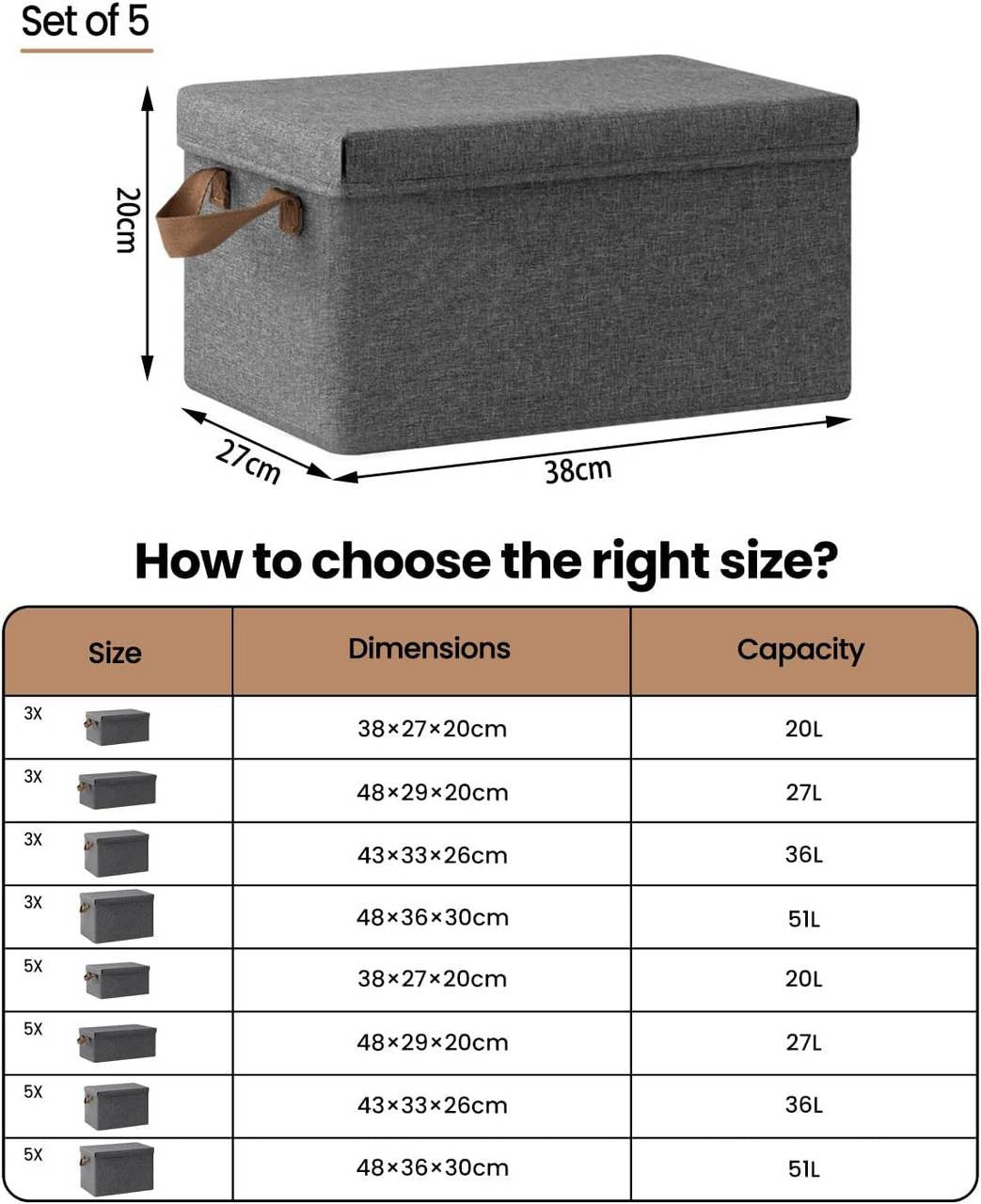 24goodz Set of 10 Storage Boxes with Lids - Space-Saving Design - Durable Polyester - For Organizing - Grey (38x27x20 cm)