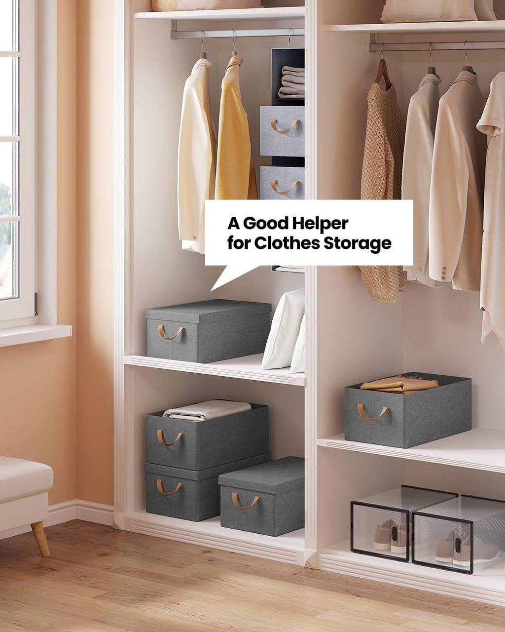 24goodz Set of 5 Storage Boxes with Lid - Space-Saving Design - Durable Polyester - For Home Organization - Grey (48x29x20 cm)