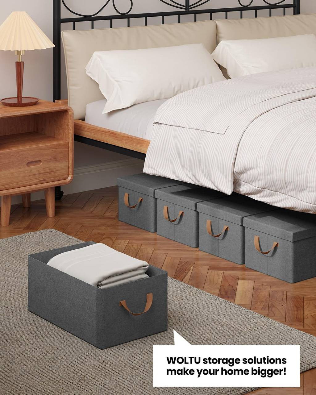 24goodz Set of 5 Storage Boxes with Lid - Space-Saving Design - Durable Polyester - For Home Organization - Grey (48x29x20 cm)